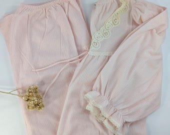 SOFTVtg Miss Elaine PJ Set Warm Pants LaceTrim Pink SingleStitch CottageCore
