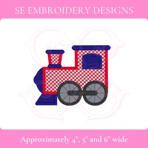 May include: Red and blue gingham train embroidery design, approximately 4, 5, and 6 inches wide.