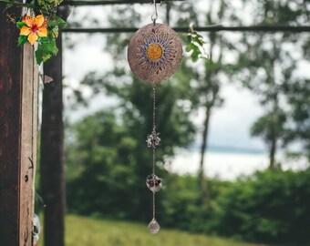 Woodburned Flower Suncatcher: Handmade Crystal & Gemstone Butterfly
