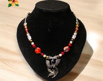 Handmade Phoenix Charm Necklace: Red, Gold, and Black Beads
