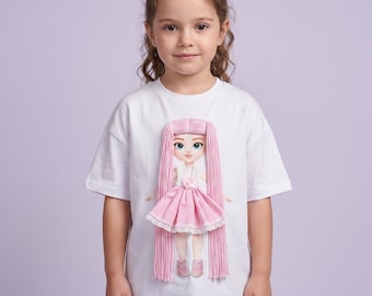 Maglietta da bambina con bambola e ciliegia / Maglietta personalizzata con nome, divertente gioco di travestimenti interattivi