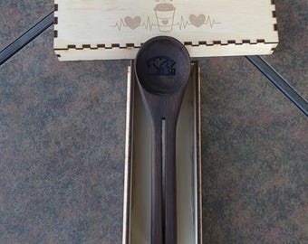 Personalized Coffee Scoop & Clip with Gift Box Hand Carved Walnut Spoon Great Gift for Coffee Lover