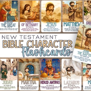 May include: A set of New Testament Bible character flashcards. Each card features a colorful illustration of a biblical figure, such as Jesus, Mary, and Herod, with their name and a brief description. The cards are designed for educational purposes.