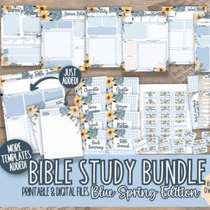 May include: A printable Bible study bundle in blue and white with floral accents. The bundle includes various templates for note-taking, sermon planning, and more. The text "Bible Study Bundle" and "Blue Spring Edition" is featured on the image.