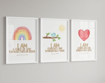 Kids Bible Verse Wall Art Set Of 3 Printable | I Am a Child of God Scripture | Nursery Decor | Watercolor Rainbow Sunshine | Classroom Decor