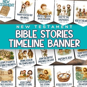 May include: A vibrant banner illustrating New Testament Bible stories. The banner reads "BIBLE STORIES TIMELINE BANNER" and showcases scenes including the birth of Jesus and Jesus calming the storm, with accompanying scripture references.