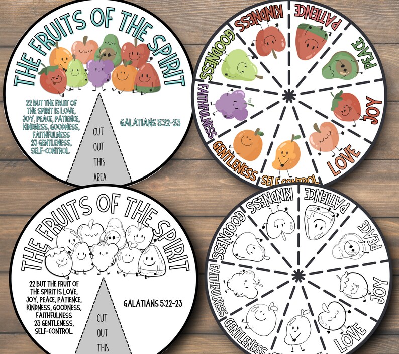 May include: Four circular educational charts with the text "The Fruits of the Spirit" and Galatians 5:22-23. One chart is colored with cartoon fruits, another is a black and white outline, and two others are colored. The charts are designed for cutting out.