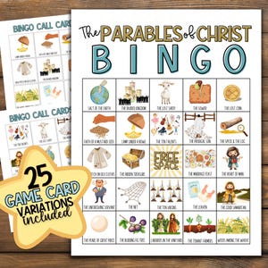 May include: A printable bingo game card with 25 different variations. The card features illustrations of parables of Christ, including the Good Samaritan, the Lost Sheep, the Sower, and the Prodigal Son. The card is titled "The Parables of Christ Bingo".