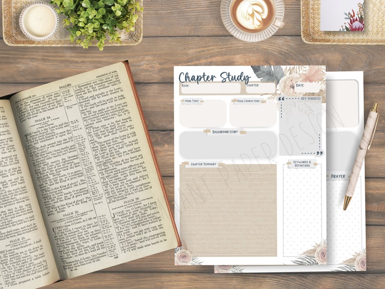 May include: A printable chapter study worksheet with a floral design. The worksheet includes sections for the book, chapter, main topic, main characters, background story, chapter summary, key verses, keywords and definitions, and prayer.