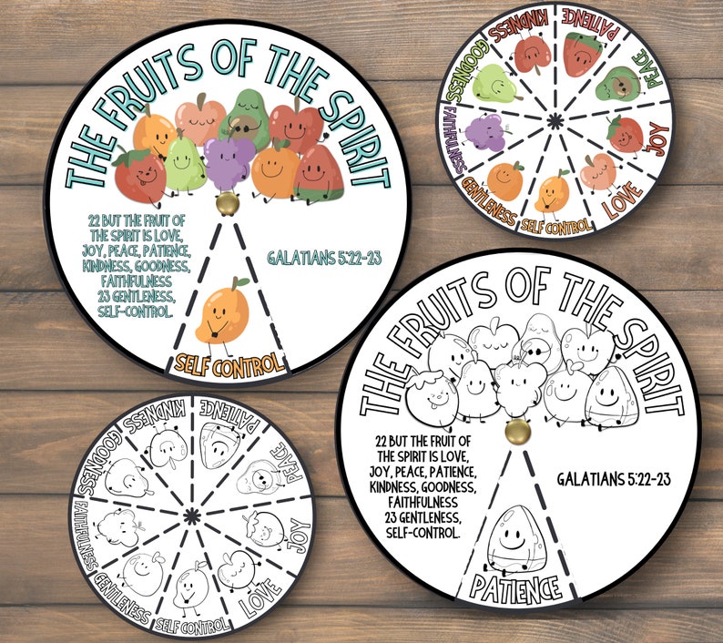 May include: Four circular educational charts with the text "The Fruits of the Spirit" and Bible verses. One chart features colorful fruit illustrations, while others are black and white. Each chart has a spinner and the words "Self Control" or "Patience".