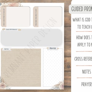 May include: Printable digital download of a Bible study journal page with a beige background and floral accents. The page includes sections for notes, cross references, prayer, and guided prompts: "What is God trying to teach us?" and "How does this apply to me?"