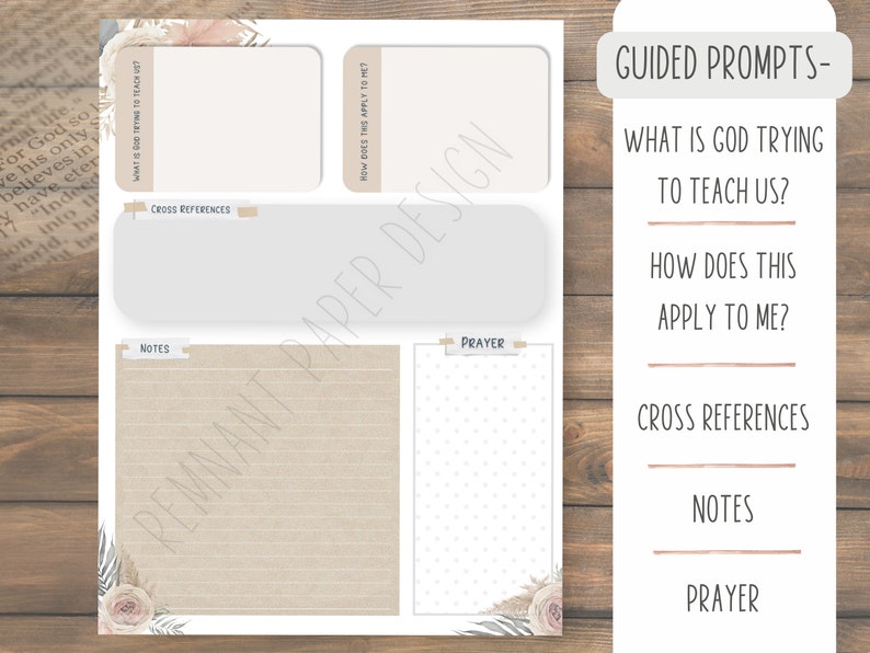 May include: Printable digital download of a Bible study journal page with a beige background and floral accents. The page includes sections for notes, cross references, prayer, and guided prompts: "What is God trying to teach us?" and "How does this apply to me?"