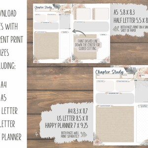 May include: Printable chapter study planner with a floral design. The planner includes sections for book title, chapter, date, main characters, background story, chapter summary, keywords and phrases, and prayer. The planner is available in five sizes: A4, A5, half letter, US letter, and Happy Planner.