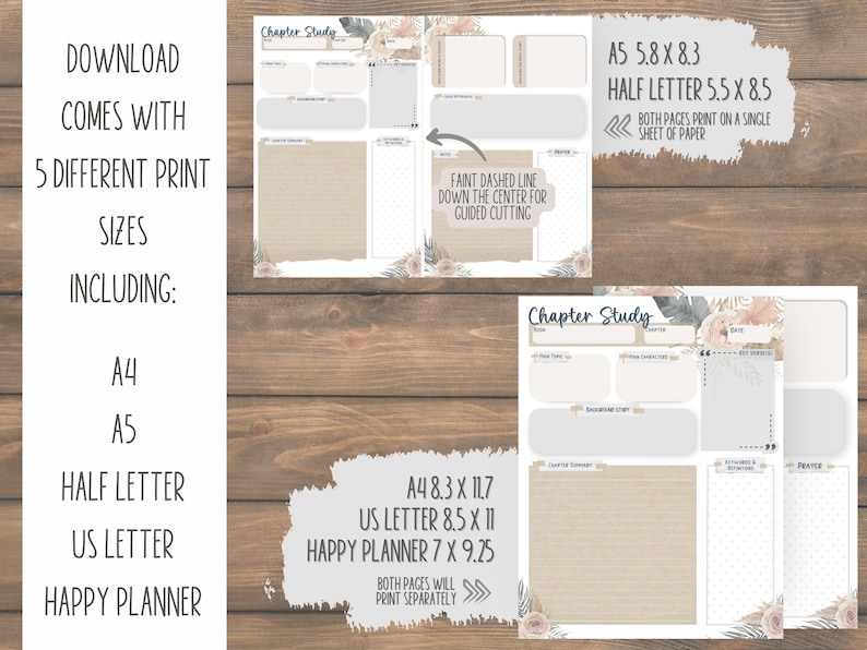 May include: Printable chapter study planner with a floral design. The planner includes sections for book title, chapter, date, main characters, background story, chapter summary, keywords and phrases, and prayer. The planner is available in five sizes: A4, A5, half letter, US letter, and Happy Planner.