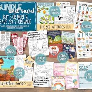 May include: A collection of printable Christian educational resources for kids, including coloring pages, verse cards, bingo cards, and book marks. The resources feature illustrations of animals, nature, and Bible stories. The text "Bundle and save! Buy 3 or more & save 25% storewide" is displayed at the top of the image.