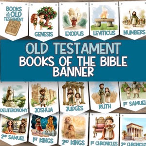 May include: A decorative banner displaying illustrations and text related to the Old Testament. The banner reads "OLD TESTAMENT BOOKS OF THE BIBLE BANNER" and includes individual pennants with book titles such as Genesis, Exodus, and Leviticus. The illustrations depict biblical scenes.
