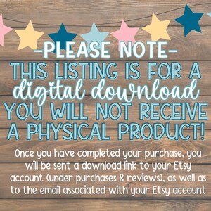 Pode incluir: Um aviso de download digital com um fundo de madeira e uma corda de estrelas rosa, amarelo e azul. O texto diz: -OBSERVE- ESTA LISTAGEM &Eacute; PARA UM download digital VOC&Ecirc; N&Atilde;O RECEBER&Aacute; UM PRODUTO F&Iacute;SICO! Depois de concluir sua compra, voc&ecirc; receber&aacute; um link de download para sua conta Etsy (em compras e avalia&ccedil;&otilde;es), bem como para o e-mail associado &agrave; sua conta Etsy.