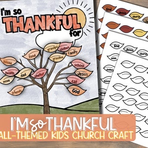 May include: A printable craft activity for kids featuring a tree with leaves that have words on them. The words include "God", "Jesus", "church", "family", "house", "health", "mom", "friends", "dad", "food", "grandpa", "clothes", "grandma", "school", "shelter", "cat", and "I'm so thankful".
