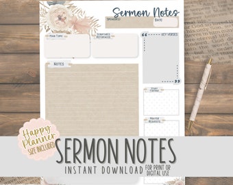 Sermon Notes for Happy Planner | Church Meeting Notes | Beginner Bible Study | Scripture Journaling | Pretty Floral Aesthetic | Cottage Core