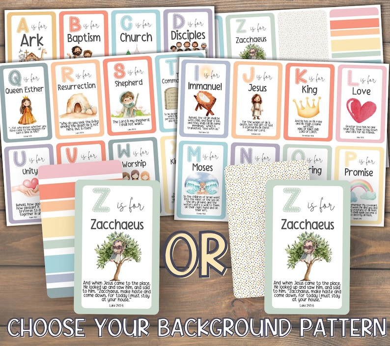 May include: A set of alphabet flashcards with colorful backgrounds and illustrations. Each card features a letter of the alphabet, a corresponding Bible verse, and a related image. The cards are designed for children to learn about the Bible and its stories.