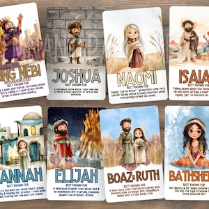 May include: Eight illustrated cards featuring biblical figures like King Nebi, Joshua, Naomi, and Isaiah. Each card has a name, a brief description, and a colorful illustration. The cards are designed with a cartoonish style and are likely for educational or decorative purposes.