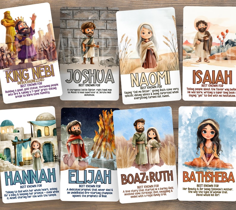 May include: Eight illustrated cards featuring biblical figures like King Nebi, Joshua, Naomi, and Isaiah. Each card has a name, a brief description, and a colorful illustration. The cards are designed with a cartoonish style and are likely for educational or decorative purposes.