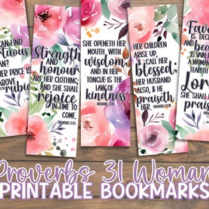 Proverbes 31 Marque-page femme Écriture sainte | Verset biblique cadeau pour femme | signets imprimables pour la fête des mères | Motif floral aquarelle