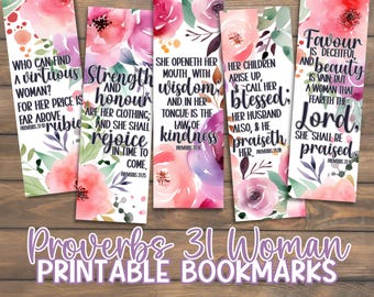 Proverbs 31 Woman Bookmark Scripture | Bible Verse Gift for Women | Mother's Day Printable Scripture Bookmarks | Watercolor Floral Design
