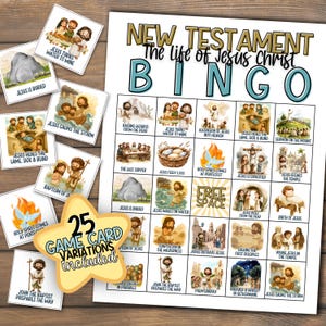 May include: A bingo game set with illustrations from the New Testament, titled "New Testament The life of Jesus Christ BINGO." It includes 25 game card variations. The game cards and bingo board depict scenes from the life of Jesus.