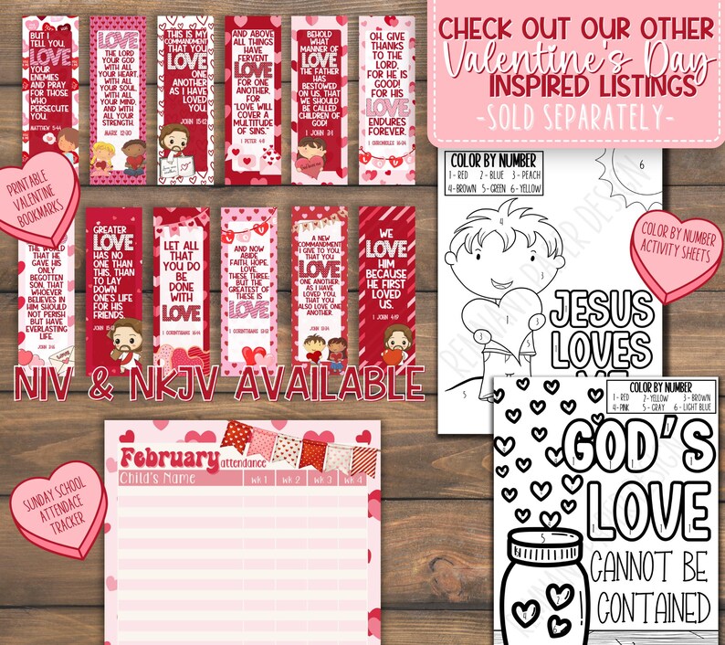 May include: A set of printable Valentine's Day bookmarks featuring Bible verses. The bookmarks are red and white with hearts and flowers. The bookmarks are available in NIV and NKJV versions. The set also includes a printable Sunday School attendance tracker and two colour-by-number activity sheets featuring the phrases "Jesus Loves Me" and "God's Love Cannot Be Contained".