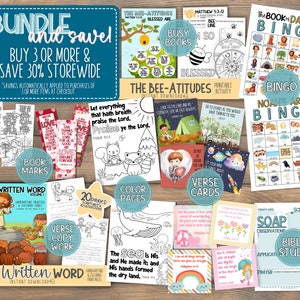 May include: A collection of printable Christian educational materials, including coloring pages, verse cards, bookmarks, and bingo games. The products feature illustrations and text, with the words "Bundle and Save" prominently displayed.