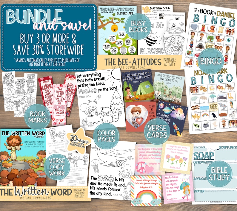 May include: A collection of printable Christian educational materials, including coloring pages, verse cards, bookmarks, and bingo games. The products feature illustrations and text, with the words "Bundle and Save" prominently displayed.