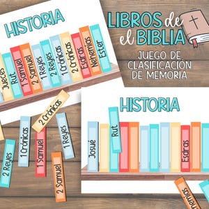 Puede incluir: Un juego educativo colorido para niños que presenta los libros de la Biblia. El juego incluye un conjunto de tarjetas con los nombres de los libros de la Biblia y un tablero con un estante para colocar las tarjetas. El juego está diseñado para ayudar a los niños a aprender sobre la Biblia y sus historias.