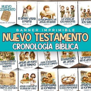 May include: A printable banner set featuring a New Testament biblical timeline with multiple white pennants. Each pennant displays a colorful cartoon illustration of a biblical event, including the birth of Jesus, with Spanish text captions and scripture references.