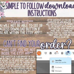 Może przedstawiać: Drewniane tło z tekstem &bdquo;SIMPLE TO FOLLOW download INSTRUCTIONS&rdquo;. Dodatkowy tekst wyjaśnia, jak uzyskać dostęp do plik&oacute;w do pobrania w Etsy. Zrzut ekranu pokazuje menu profilu Etsy. Kwiatowe akcenty znajdują się w lewym g&oacute;rnym rogu.
