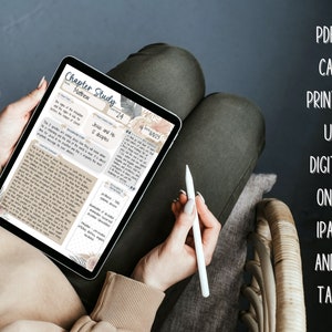 May include: A digital tablet displaying a chapter study guide for the book of Matthew, chapter 24. The guide includes a section for Jesus and His disciples, a section for introduction, and a section for scripture summary. The tablet is on a person's lap, and a white stylus is in the person's hand. The text on the tablet reads "Chapter Study, Matthew, 24, Jesus and His disciples, Introduction, Scripture Summary, Matthew 24:1-51, "The signs of the end of the age, and the destruction of Jerusalem, and the coming of Christ."
