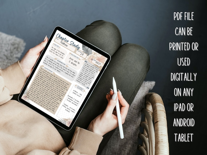 May include: A digital tablet displaying a chapter study guide for the book of Matthew, chapter 24. The guide includes a section for Jesus and His disciples, a section for introduction, and a section for scripture summary. The tablet is on a person's lap, and a white stylus is in the person's hand. The text on the tablet reads "Chapter Study, Matthew, 24, Jesus and His disciples, Introduction, Scripture Summary, Matthew 24:1-51, "The signs of the end of the age, and the destruction of Jerusalem, and the coming of Christ."