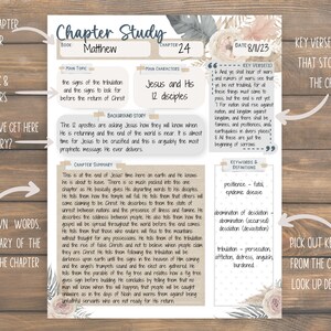 May include: A printable worksheet for studying the Bible. The worksheet is titled "Chapter Study" and features the book of Matthew, chapter 24. The worksheet includes sections for the main topic, main characters, background story, chapter summary, key verses, keywords and definitions, and a section for picking out key words from the chapter and looking up their definitions.