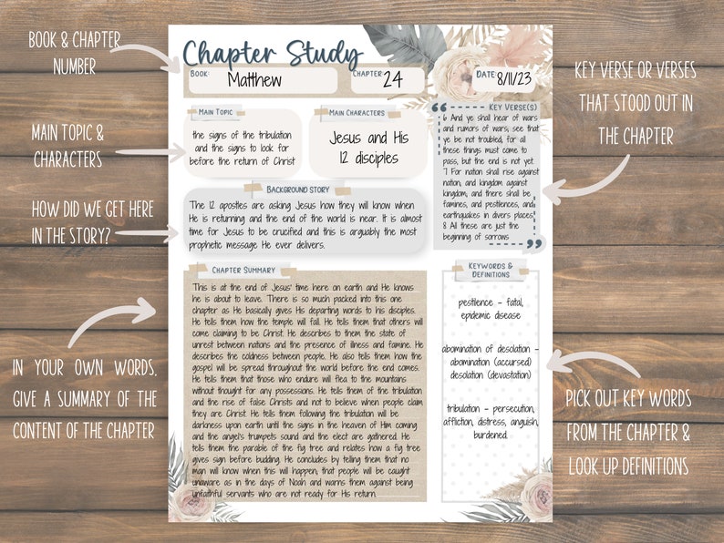 May include: A printable worksheet for studying the Bible. The worksheet is titled "Chapter Study" and features the book of Matthew, chapter 24. The worksheet includes sections for the main topic, main characters, background story, chapter summary, key verses, keywords and definitions, and a section for picking out key words from the chapter and looking up their definitions.