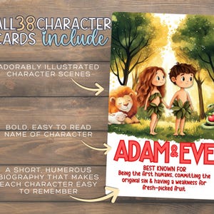 May include: A colorful illustration of Adam and Eve in a garden setting, with a lion and a lamb. The text reads "Adam & Eve" and describes them as the first humans. The image also includes text about the character cards.