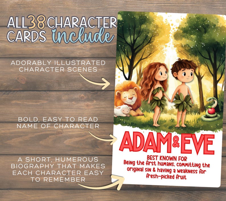 May include: A colorful illustration of Adam and Eve in a garden setting, with a lion and a lamb. The text reads "Adam & Eve" and describes them as the first humans. The image also includes text about the character cards.