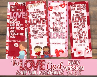Printable Valentine Bookmarks with Bible Verses NKJV | Love of God Set of 12 | Kid DIY Gift | Sunday School Kids Church | Memory Scripture