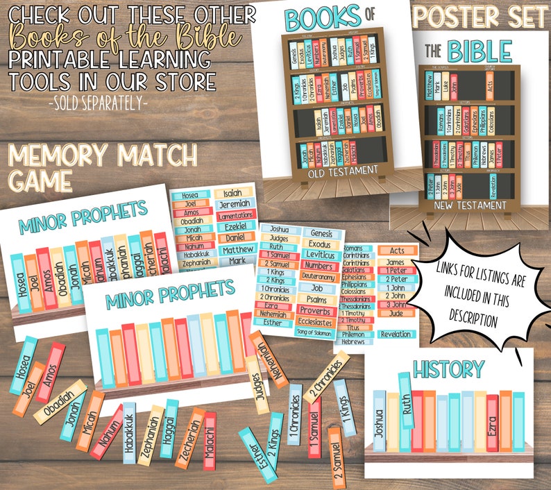 May include: A printable Bible learning tool set with a memory match game featuring the books of the Old and New Testaments. The set includes colorful cards with the names of the books of the Bible, and a poster set with a bookshelf illustration of the books of the Bible.