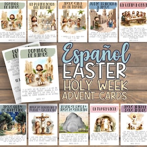 May include: A collection of Spanish Easter Holy Week Advent cards. Each card features a biblical scene with text in Spanish. The cards have a watercolor style with pastel colors.