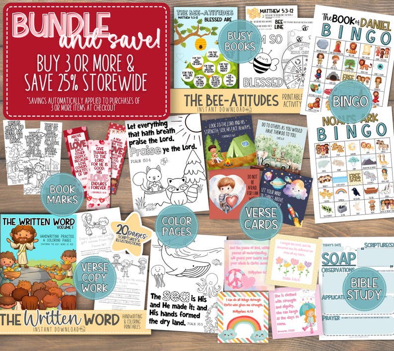 May include: A collection of printable Christian educational resources for children, including colouring pages, verse cards, bingo cards, and book marks. The bundle includes 20 pages of colouring pages and illustrations, and a variety of activities for children to learn about the Bible.