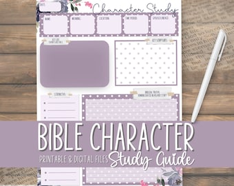 Bible Character Study Guide PDF Purple | Scripture Journaling | Daily Reading Worksheets | In Depth Word of God Study | Christian Devotional
