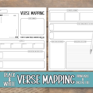 May include: Black and white printable verse mapping pages with a pen. The pages include sections for verse summary, keywords, cross references, and application. The text on the pages reads "Verse Mapping" and "Printable & Digital File."