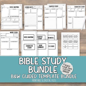 May include: A black and white Bible study bundle with various templates for verse mapping, sermon notes, and chapter study. The bundle includes printable and digital files. The text "Bible Study Bundle" is prominently displayed.