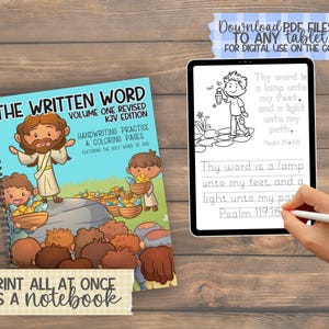 Pode incluir: Uma capa de livro ilustrada e colorida com o t&iacute;tulo "The Written Word" e uma imagem de Jesus com seus disc&iacute;pulos. O livro &eacute; um caderno de pr&aacute;tica de escrita e p&aacute;ginas para colorir que apresenta a Santa Palavra de Deus. A capa tamb&eacute;m inclui o texto "Imprima tudo de uma vez como um caderno".