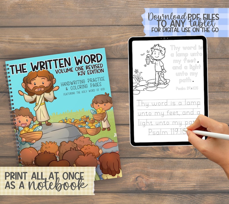 Pode incluir: Uma capa de livro ilustrada e colorida com o t&iacute;tulo "The Written Word" e uma imagem de Jesus com seus disc&iacute;pulos. O livro &eacute; um caderno de pr&aacute;tica de escrita e p&aacute;ginas para colorir que apresenta a Santa Palavra de Deus. A capa tamb&eacute;m inclui o texto "Imprima tudo de uma vez como um caderno".